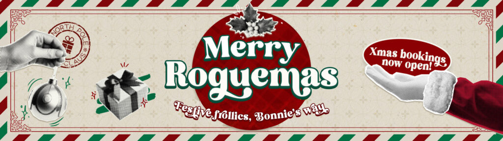Christmas Party Bookings at Bonnie Rogues Kingston Illustration banner. With 'Xmas bookings now open' graphic.